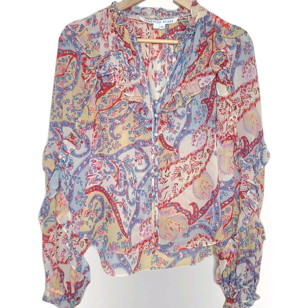 Veronica Beard 100% Silk Foral Ruffle Sleeve Sheer Blouse 4 Feminine Romantic
